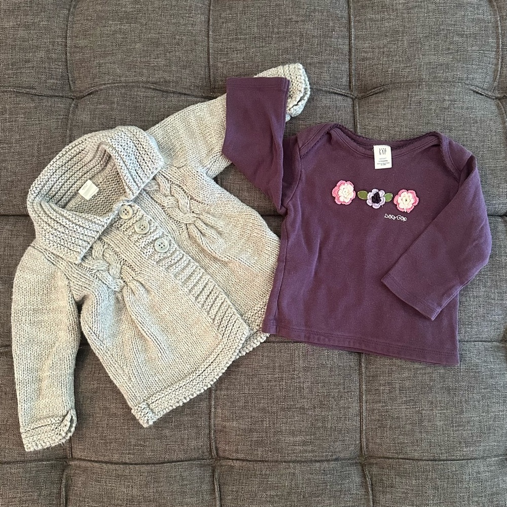 🌸💜 GAP Long Sleeve Top & Old Navy Grey Sweater 3-6 months EUC